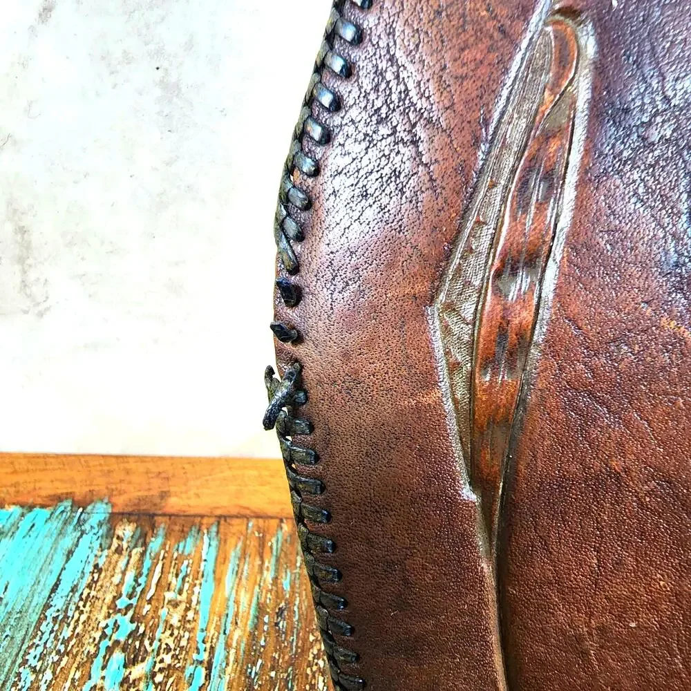 Vintage Leather Purse 1930s Hand Tooled Leaf Scroll Metal Clasp Brown Satchel